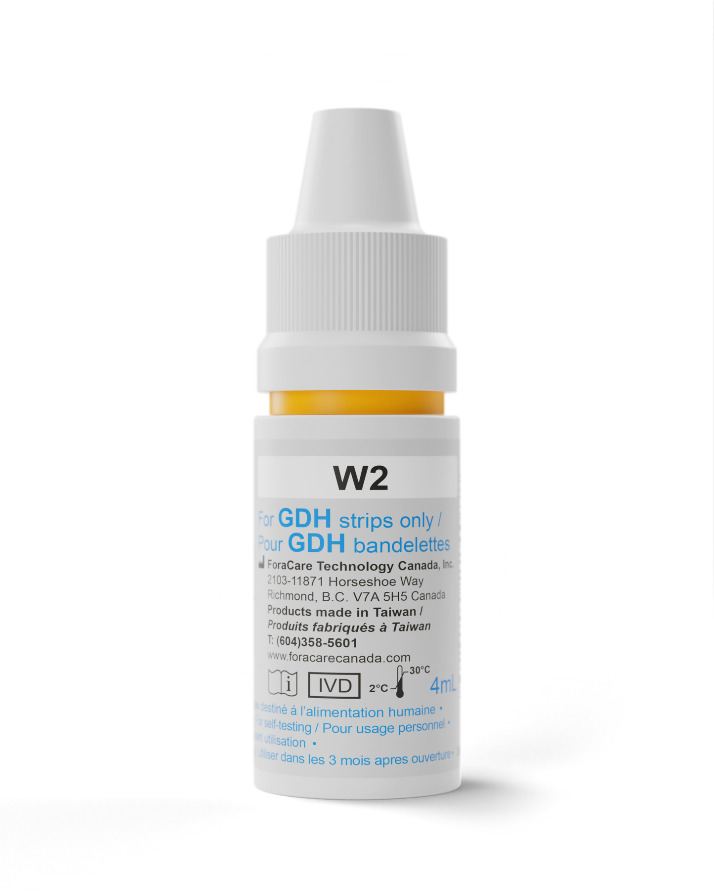 FORA W2 glucose control solution, 4 mL bottle, designed for use with GDH test strips to verify meter and strip accuracy in blood glucose monitoring.