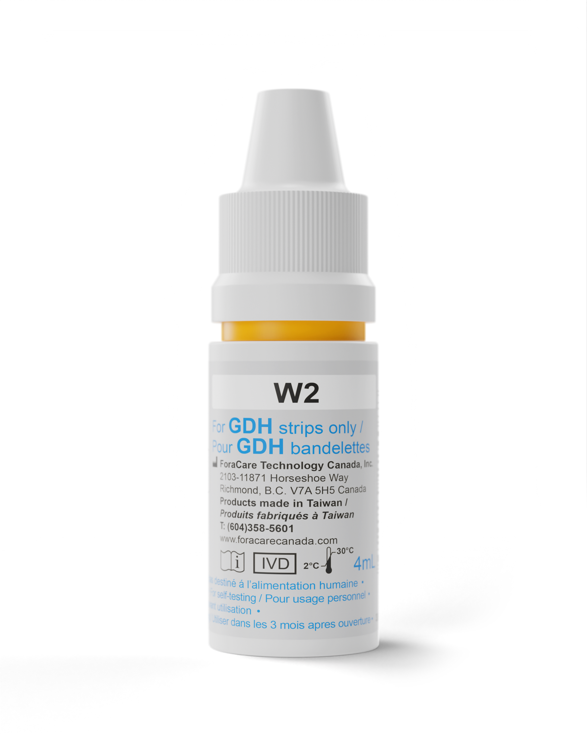 FORA W2 glucose control solution, 4 mL bottle, designed for use with GDH test strips to verify meter and strip accuracy in blood glucose monitoring.