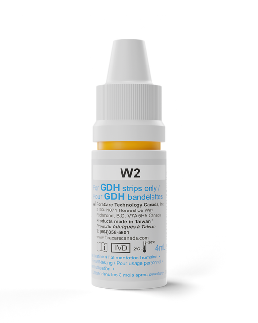 FORA W2 glucose control solution, 4 mL bottle, designed for use with GDH test strips to verify meter and strip accuracy in blood glucose monitoring.