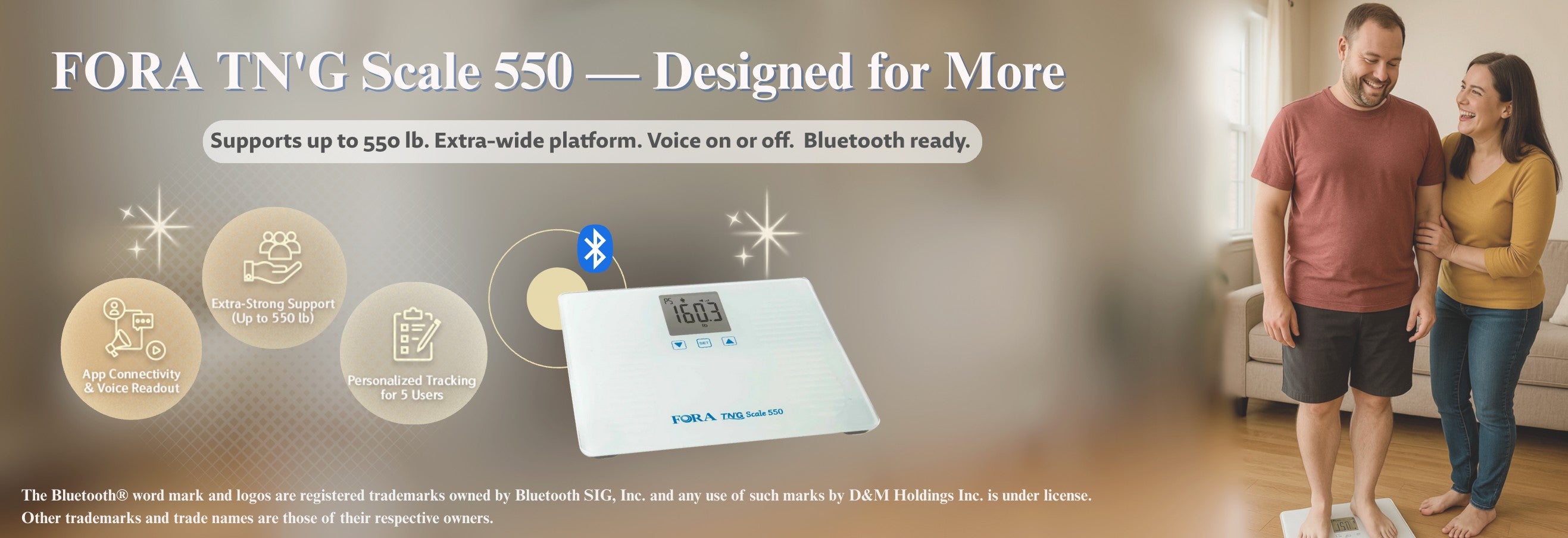 FORA TN’G Scale 550 Bluetooth smart weight scale with voice guidance, extra-wide platform, and 550 lb capacity — shown in home use with couple.