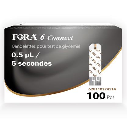 FORA 6 Connect 100-count glucose test strips, requiring only 0.5 µL blood sample with 5-second result time, designed for accurate home diabetes monitoring.
