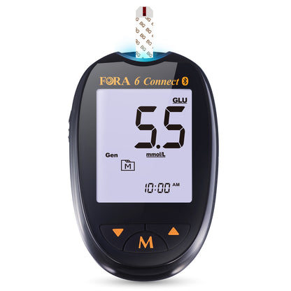 Close-up of FORA 6 Connect Bluetooth glucose and ketone meter with test strip inserted, showing 5.5 mmol/L reading on large backlit display.