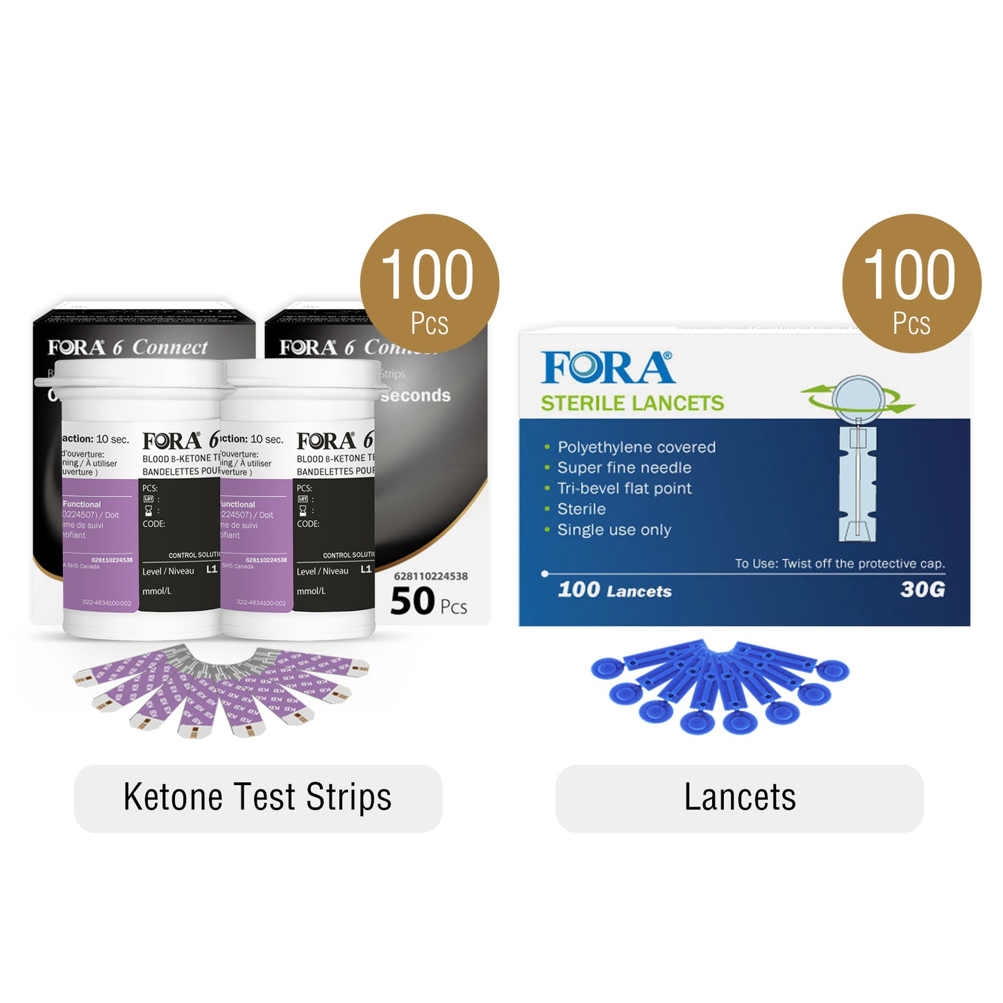 FORA 6 Connect ketone test strips with control solutions (100 pcs) and FORA sterile lancets (100 pcs), designed for accurate blood ketone monitoring and safe single-use sampling.