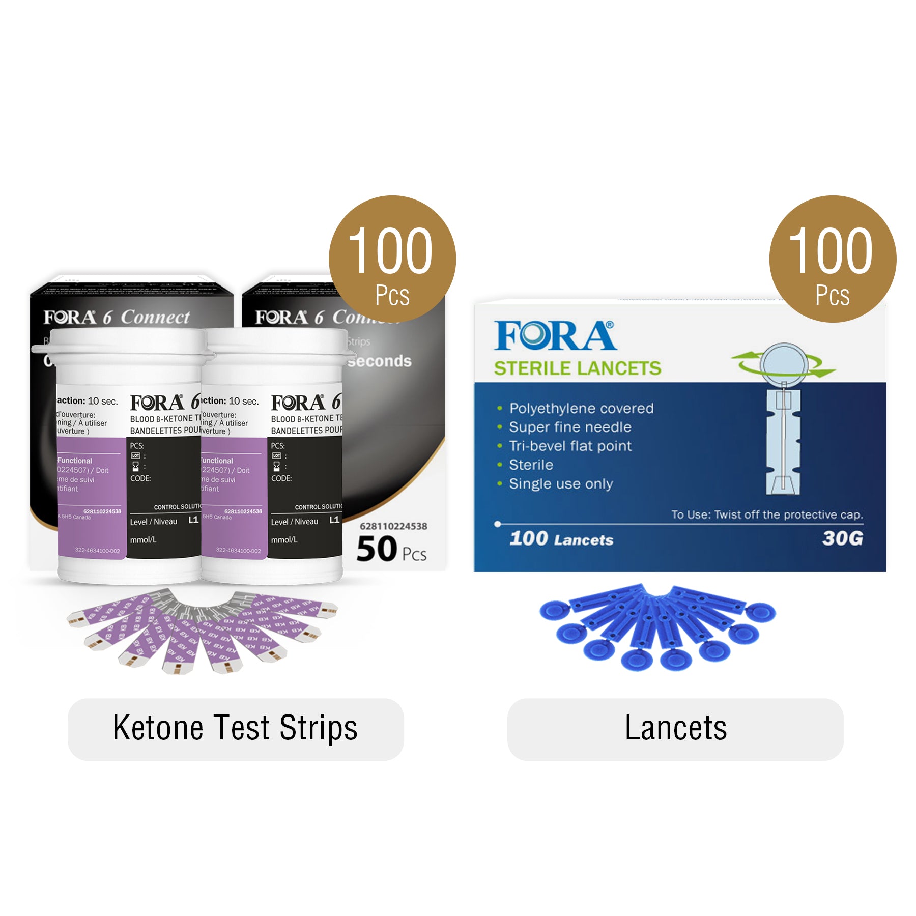 FORA 6 Connect ketone test strips with control solutions (100 pcs) and FORA sterile lancets (100 pcs), designed for accurate blood ketone monitoring and safe single-use sampling.
