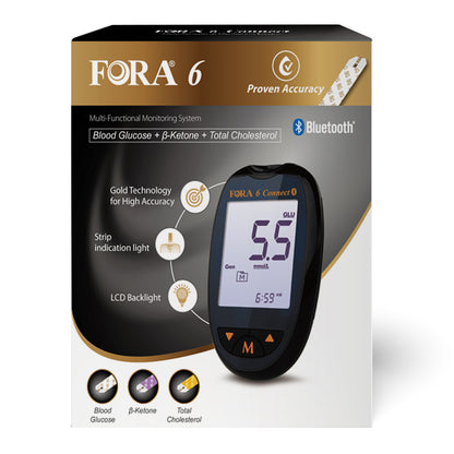 FORA 6 Connect multi-functional monitoring system with Bluetooth, LCD backlight, and gold strip technology, capable of measuring blood glucose, β-ketone, and total cholesterol.