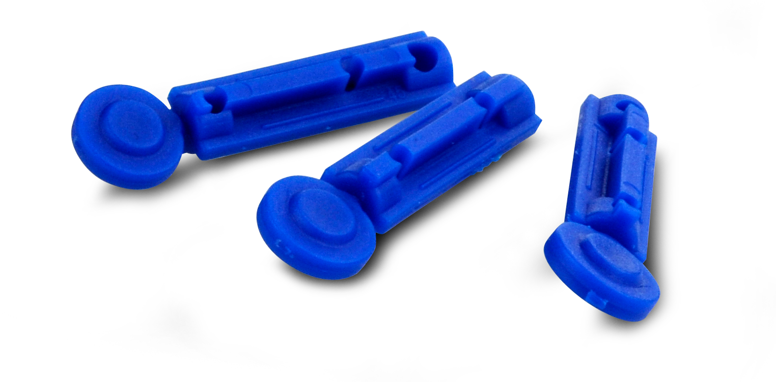 Close-up of FORA blue sterile lancets, round cap design, single-use, compatible with most standard lancing devices for blood sampling.