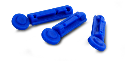 Close-up of FORA blue sterile lancets, round cap design, single-use, compatible with most standard lancing devices for blood sampling.