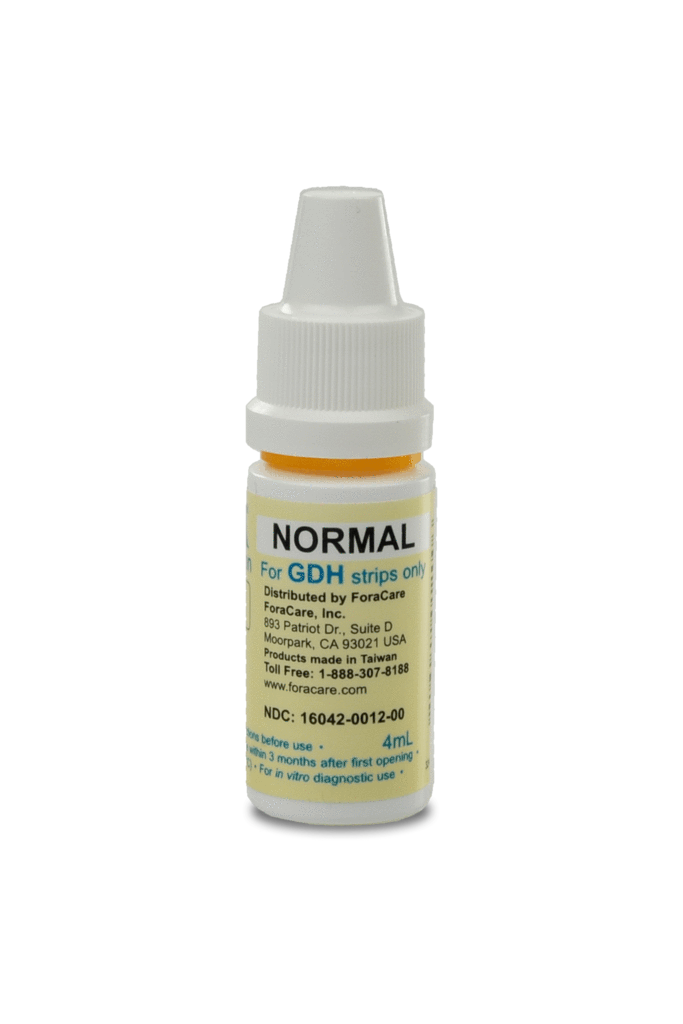 FORA GDH control solution, Normal level, 4mL bottle, designed for accuracy checks with FORA GDH blood glucose test strips, for in vitro diagnostic use.