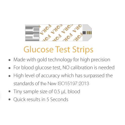 Close-up of FORA glucose test strip with gold technology, high precision, no calibration needed, ISO15197:2013 certified, using 0.5 µL blood sample for results in 5 seconds.