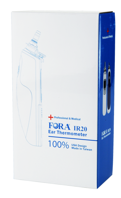 FORA IR20 ear thermometer retail box, professional medical-grade device with USA design, made in Taiwan.
