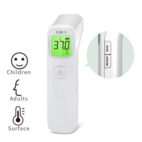 FORA IR42 thermometer with child, adult, and surface measurement modes, featuring memory and mode buttons for easy use.