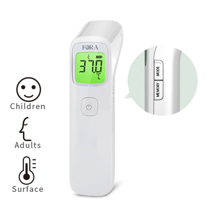FORA IR42 thermometer with child, adult, and surface measurement modes, featuring memory and mode buttons for easy use.