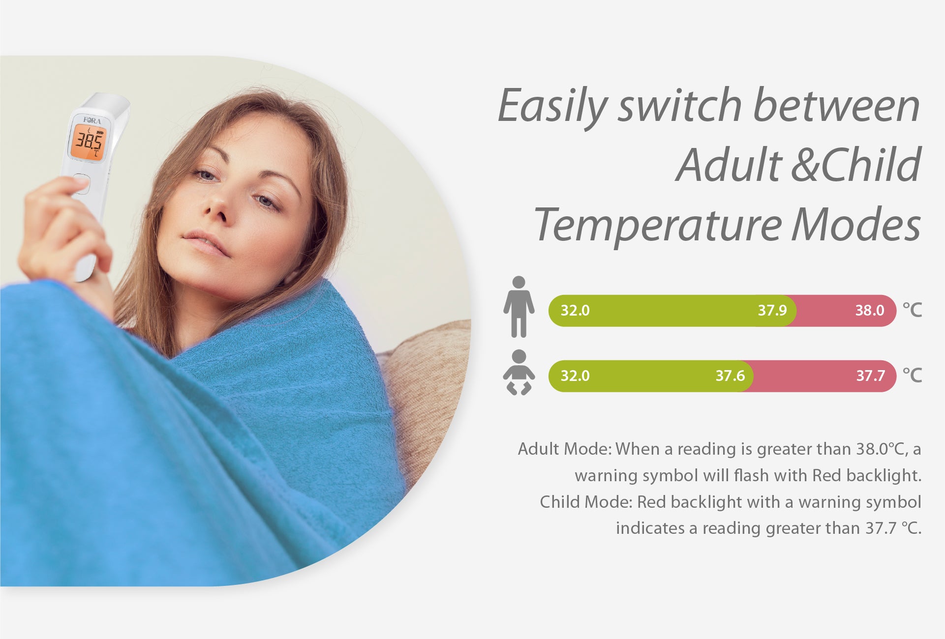 Woman using FORA IR42 thermometer with adult and child modes, red backlight warning above 38°C for adults and 37.7°C for children.
