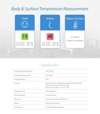 FORA IR42 thermometer specification chart for child, adult, and surface/object modes, displaying accuracy, memory, and technical details.