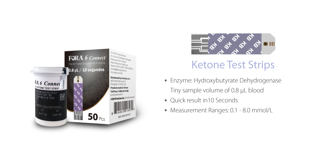 FORA ketone test strip with enzyme hydroxybutyrate dehydrogenase, 0.8 µL sample size, delivers results in 10 seconds, measurement range 0.1–8.0 mmol/L, 50-count pack with vial.