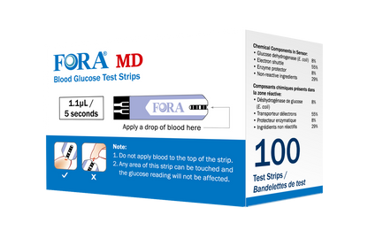 FORA MD glucose test strips, 100-count box, requires 1.1 µL blood sample with 5-second results, reliable enzyme technology for accurate diabetes monitoring.
