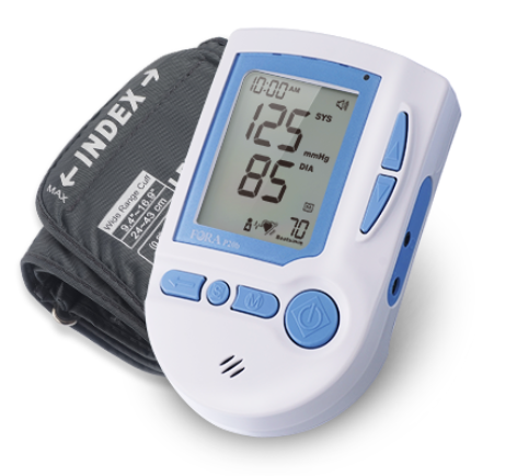 FORA P20 arm-type blood pressure monitor with cuff attached, digital LCD display showing 125 systolic and 85 diastolic readings.