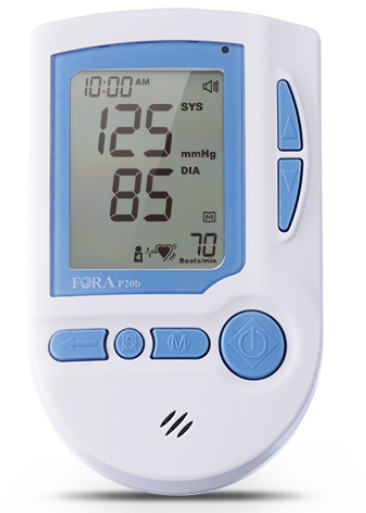 Front view of FORA P20 talking blood pressure monitor, LCD screen showing 125/85 mmHg with pulse rate 70.