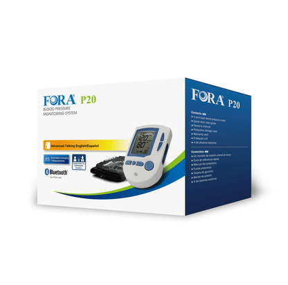 Retail box of FORA P20 Bluetooth blood pressure monitoring system, advanced talking feature in English/Spanish, with cuff and LCD display.