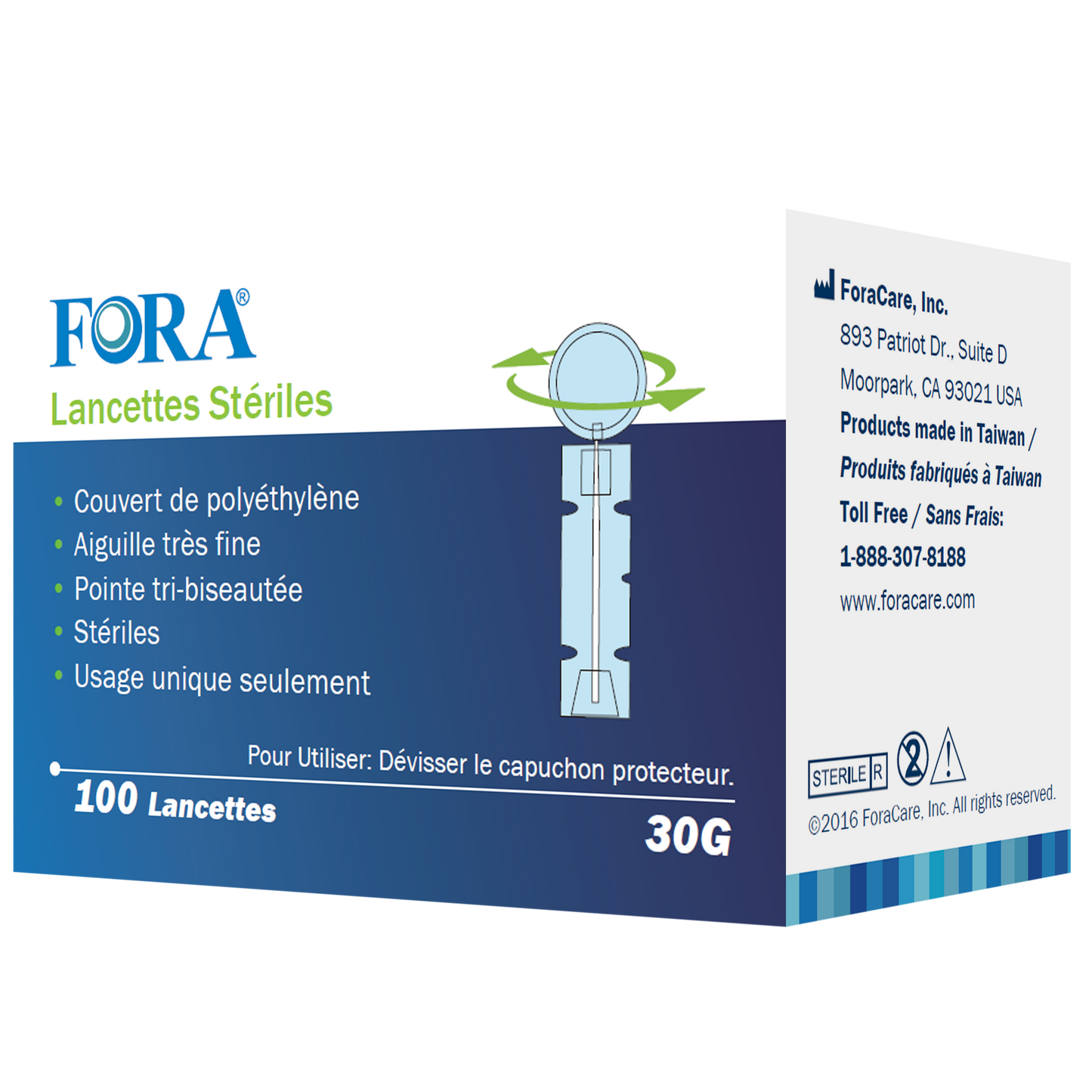 FORA sterile lancets 30G, 100-count box, polyethylene covered, ultra-fine tri-bevel needle, single-use, designed for safe and less painful blood sampling.
