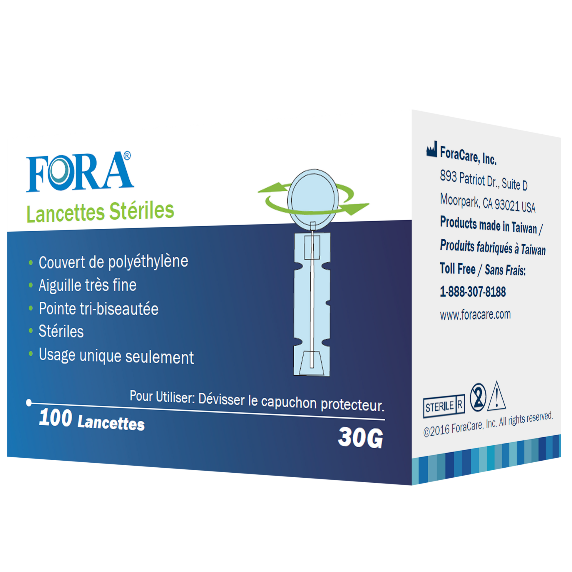 FORA sterile lancets 30G, 100-count box, polyethylene covered, ultra-fine tri-bevel needle, single-use, designed for safe and less painful blood sampling.
