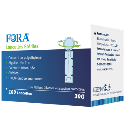 FORA sterile lancets 30G, 100-count box, polyethylene covered, ultra-fine tri-bevel needle, single-use, designed for safe and less painful blood sampling.