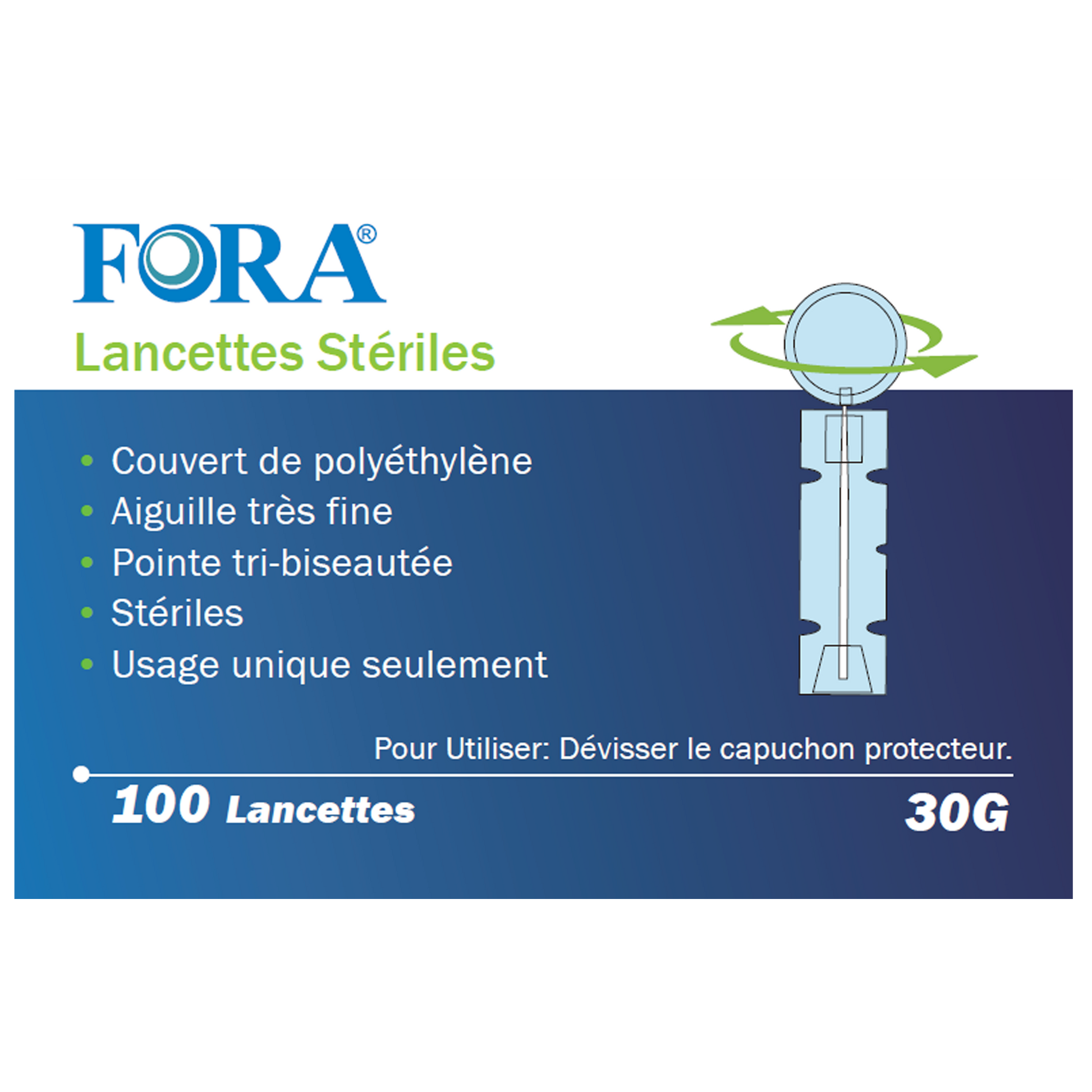 Close-up of FORA sterile lancets packaging showing features: polyethylene cover, ultra-fine tri-beveled needle, sterile and single-use, 100-count box for safe blood sampling.