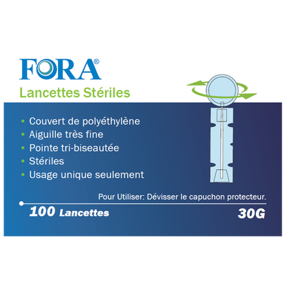 Close-up of FORA sterile lancets packaging showing features: polyethylene cover, ultra-fine tri-beveled needle, sterile and single-use, 100-count box for safe blood sampling.
