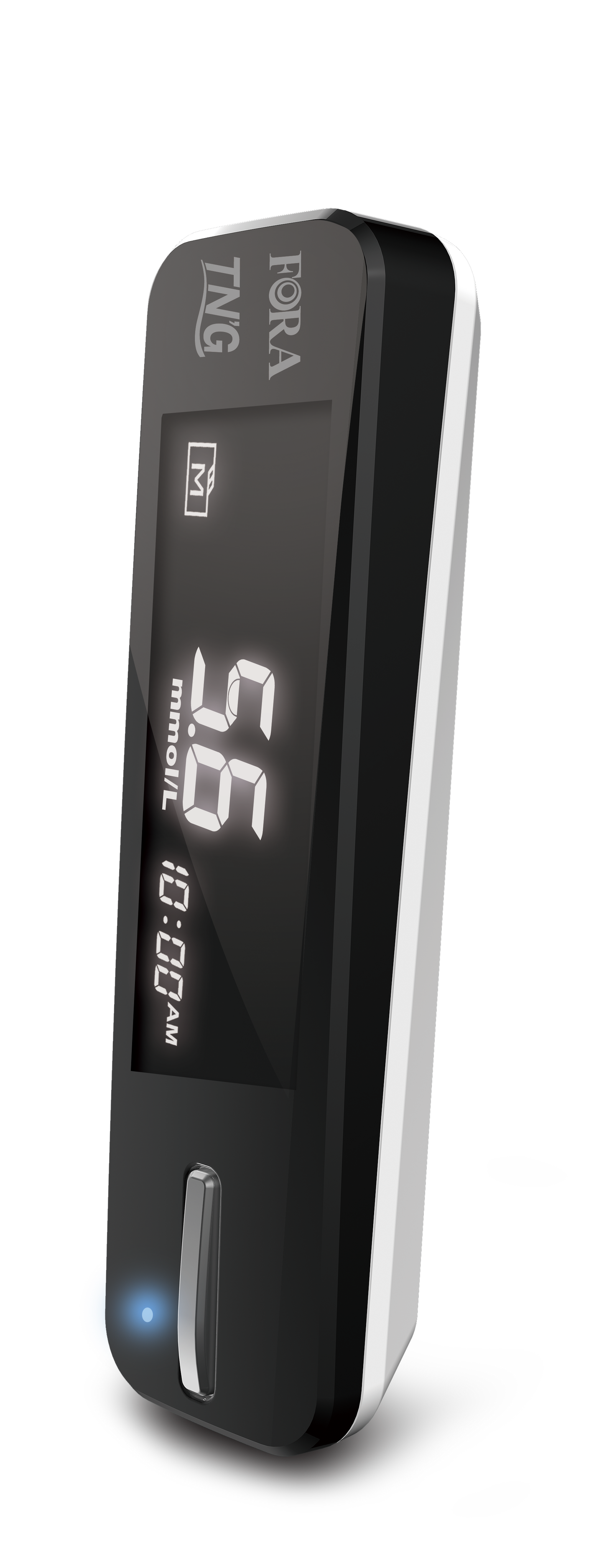 FORA TN’G slim black blood glucose meter with digital display, Bluetooth connectivity, and modern design for accurate diabetes monitoring.