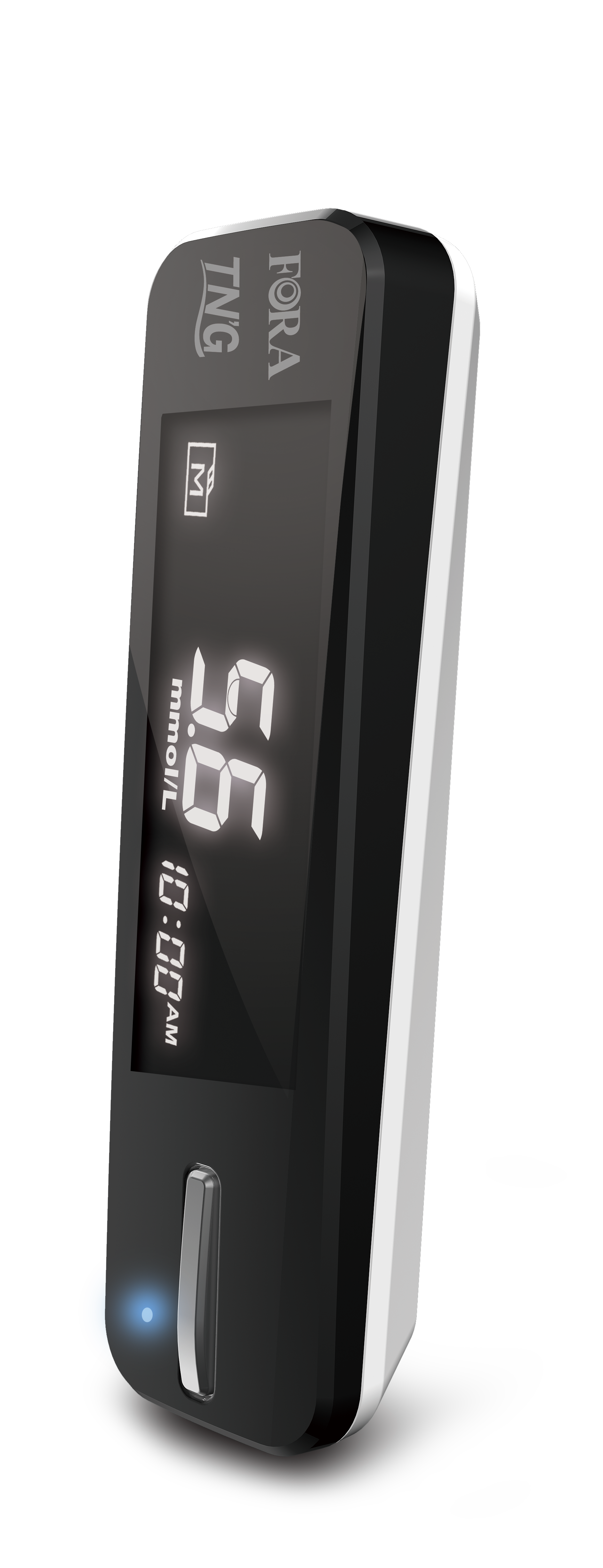 FORA TN’G slim black blood glucose meter with digital display, Bluetooth connectivity, and modern design for accurate diabetes monitoring.