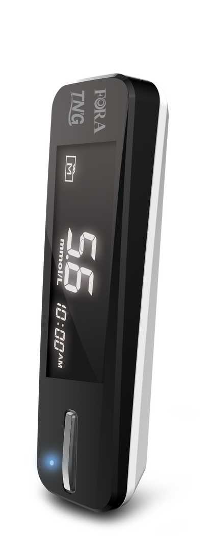 FORA TN’G slim black blood glucose meter with digital display, Bluetooth connectivity, and modern design for accurate diabetes monitoring.