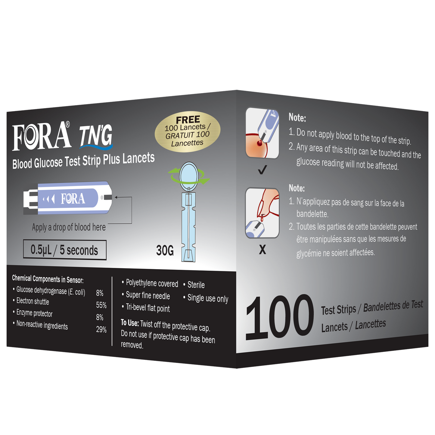 FORA TN’G blood glucose test strips with 30G sterile lancets, 0.5µL sample size, 5-second test time, designed for reliable and easy blood glucose testing.