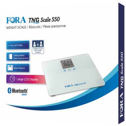 Retail box of FORA TN’G Scale 550 Bluetooth smart weight scale, featuring large LCD display, wide platform, talking meter, and TeleHealth support.