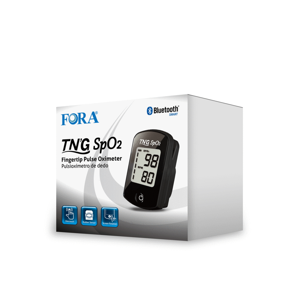 FORA TN’G SpO2 fingertip pulse oximeter packaging with Bluetooth Smart logo, showing one-touch operation, rubber sensor, and screen rotation features.