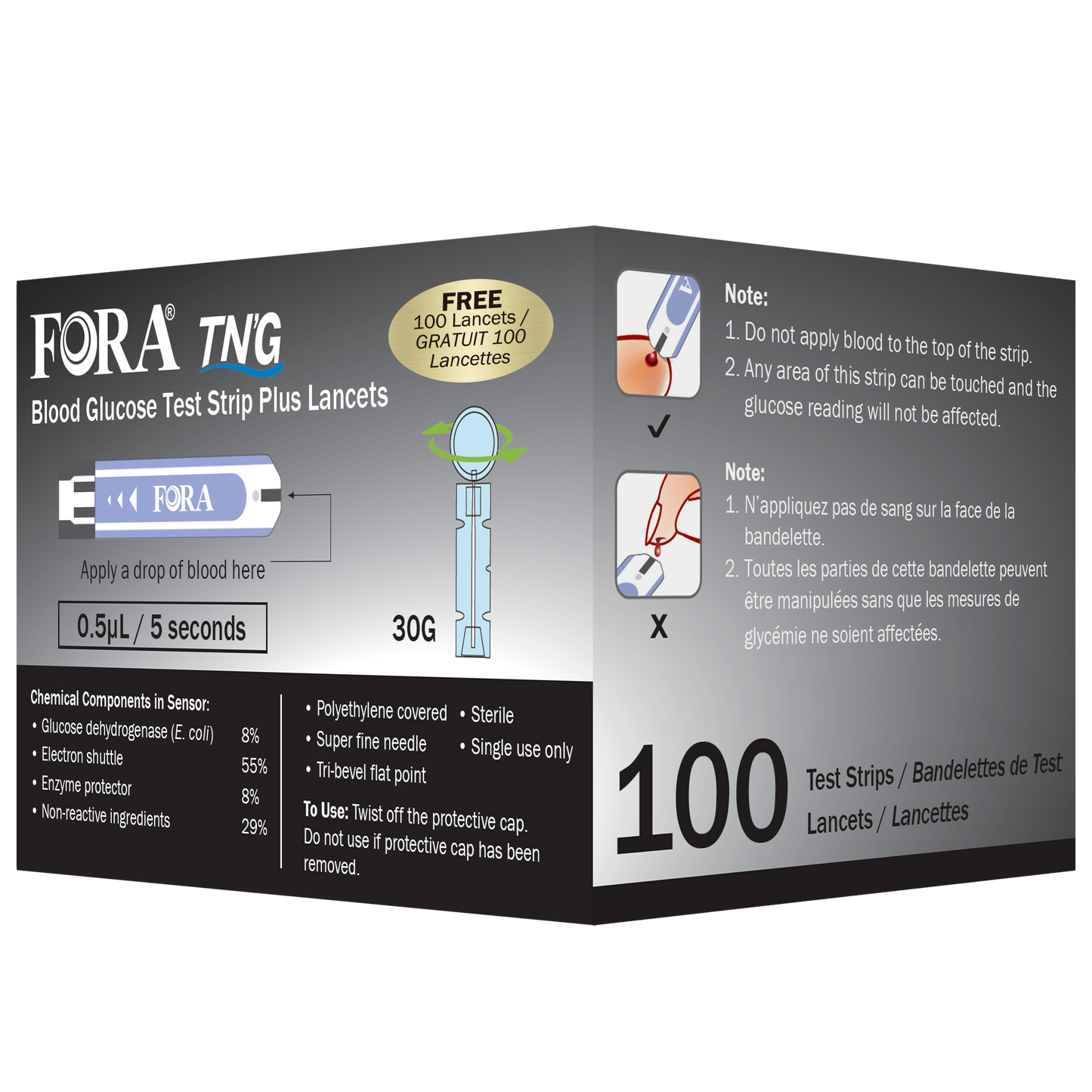 100 Test N'Go (TN'G) Blood Glucose Test Strips with 100 FREE lancets